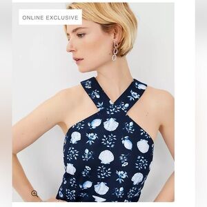 Ann Taylor Shell Tile Cotton Linen Halter Flare Dress